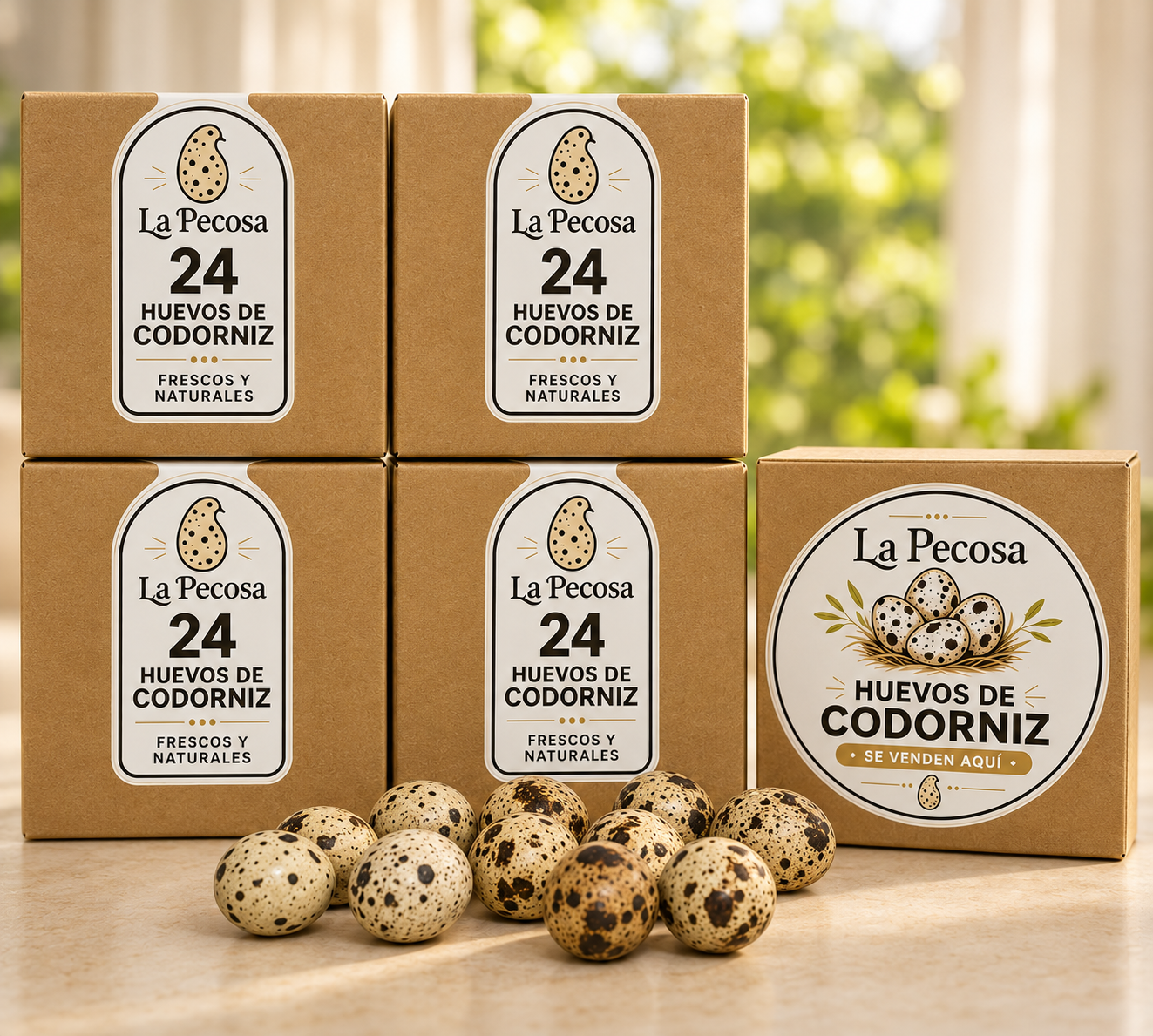 Cajas La Pecosa de 24 huevos de codorniz en una composición de producto cuidada